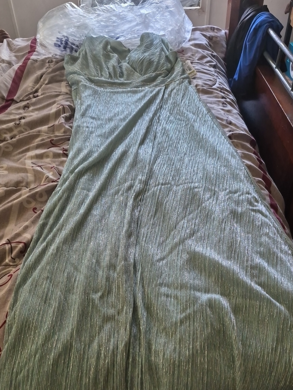 R&M Richards Sage Green Metallic Evening Gown